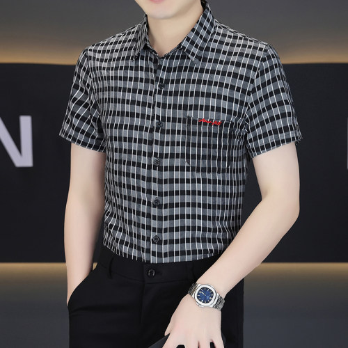 男士短袖格子衬衫夏季薄款修身商务休闲寸衫条纹翻领免烫抗皱衬衣