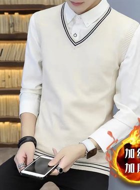 秋冬季坎肩背心毛衣男士加绒加厚修身V领针织衫潮流保暖无袖马甲