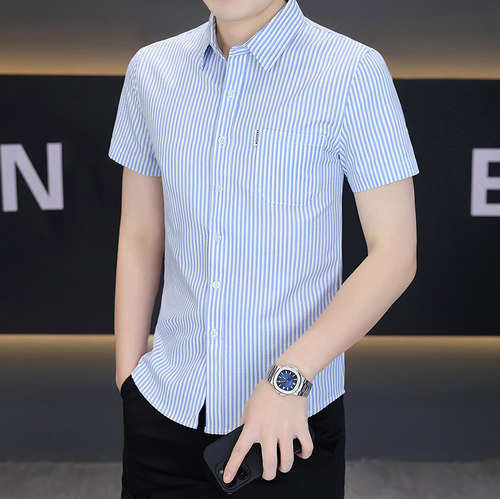 夏季男士短袖条纹衬衫简约修身英伦时尚帅气衬衣青年男装口袋寸衫