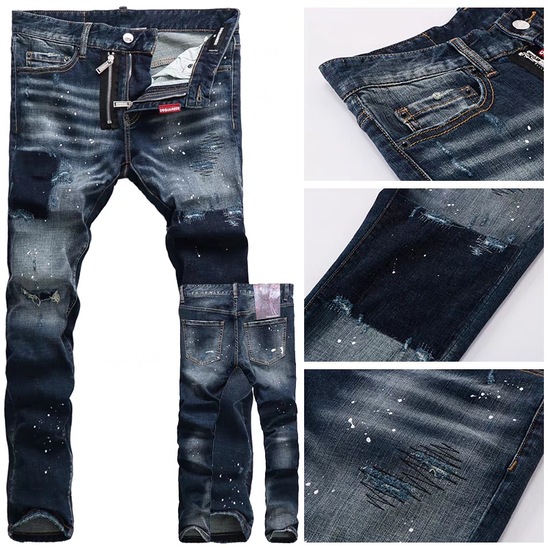 欧洲站秋冬新品重度猫须刮花修身时尚休闲潮牌漆点小脚d2牛仔裤男