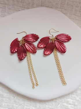 红色新娘款流苏叶子耳坠气质明星百搭耳饰时尚饰品耳环S925银耳钩