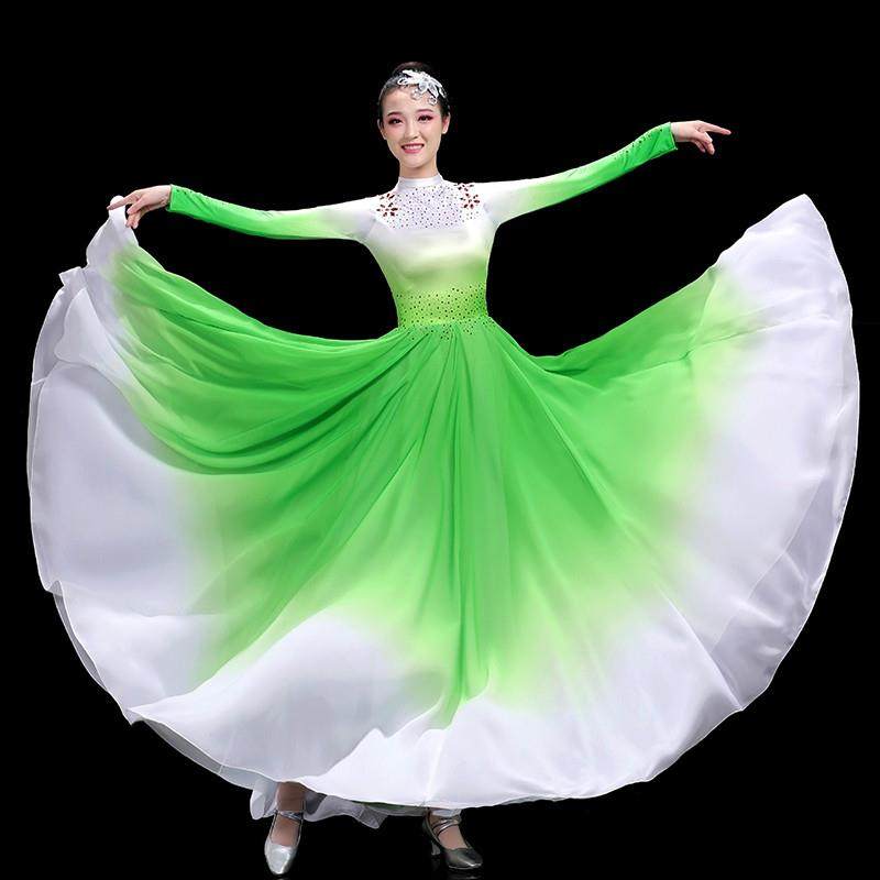 新款大气开场舞大摆裙绿色演出服歌伴舞长裙广场舞连衣裙古典飘逸,女装/女士精品,民族服装/舞台装,淘宝优惠券,粉丝福利购,淘宝优惠卷