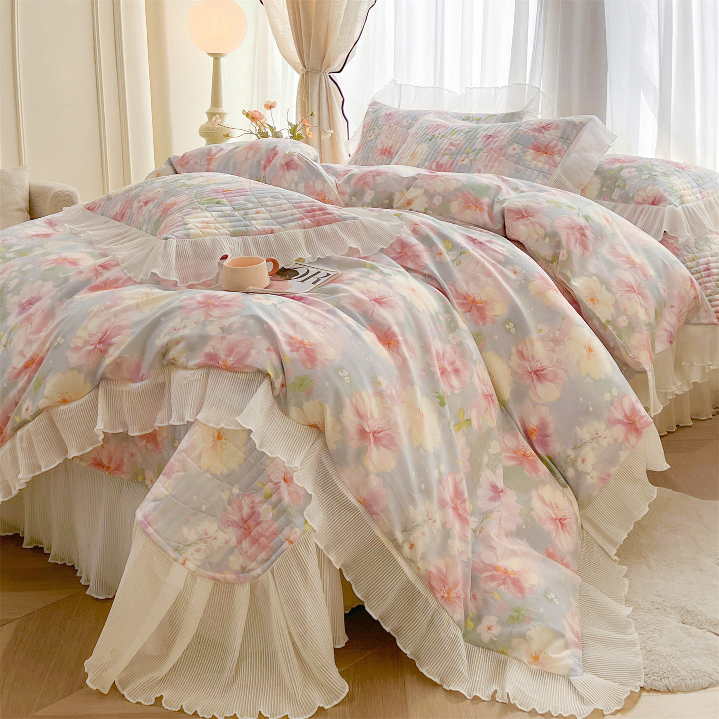 纯棉夹棉床盖四件套公主风加厚蕾丝花边床单床罩纯棉被套四季通用