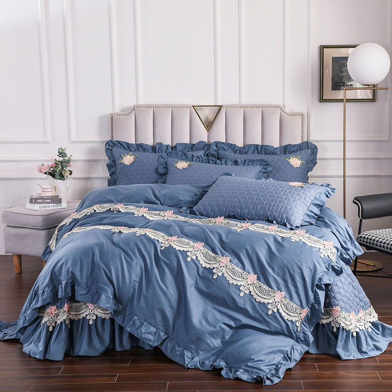 欧式纯棉夹棉床盖款四件套1.8m蕾丝花边公主风全棉床罩床上用品