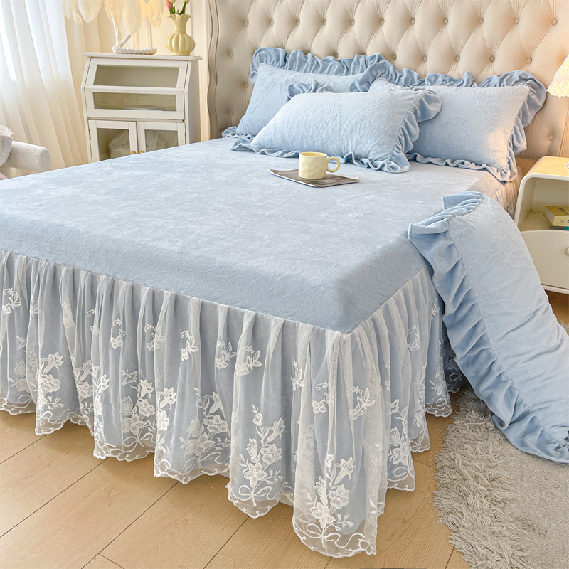 冬季保暖牛奶绒床裙单件公主风蕾丝花边床罩三件套防滑珊瑚绒床套