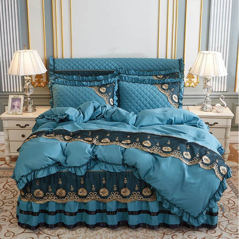 欧式床罩床裙式四件套纯色公主风蕾丝花边双人被套磨毛床上用品