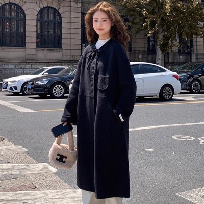 黑色翻领长款毛绒外套女韩系