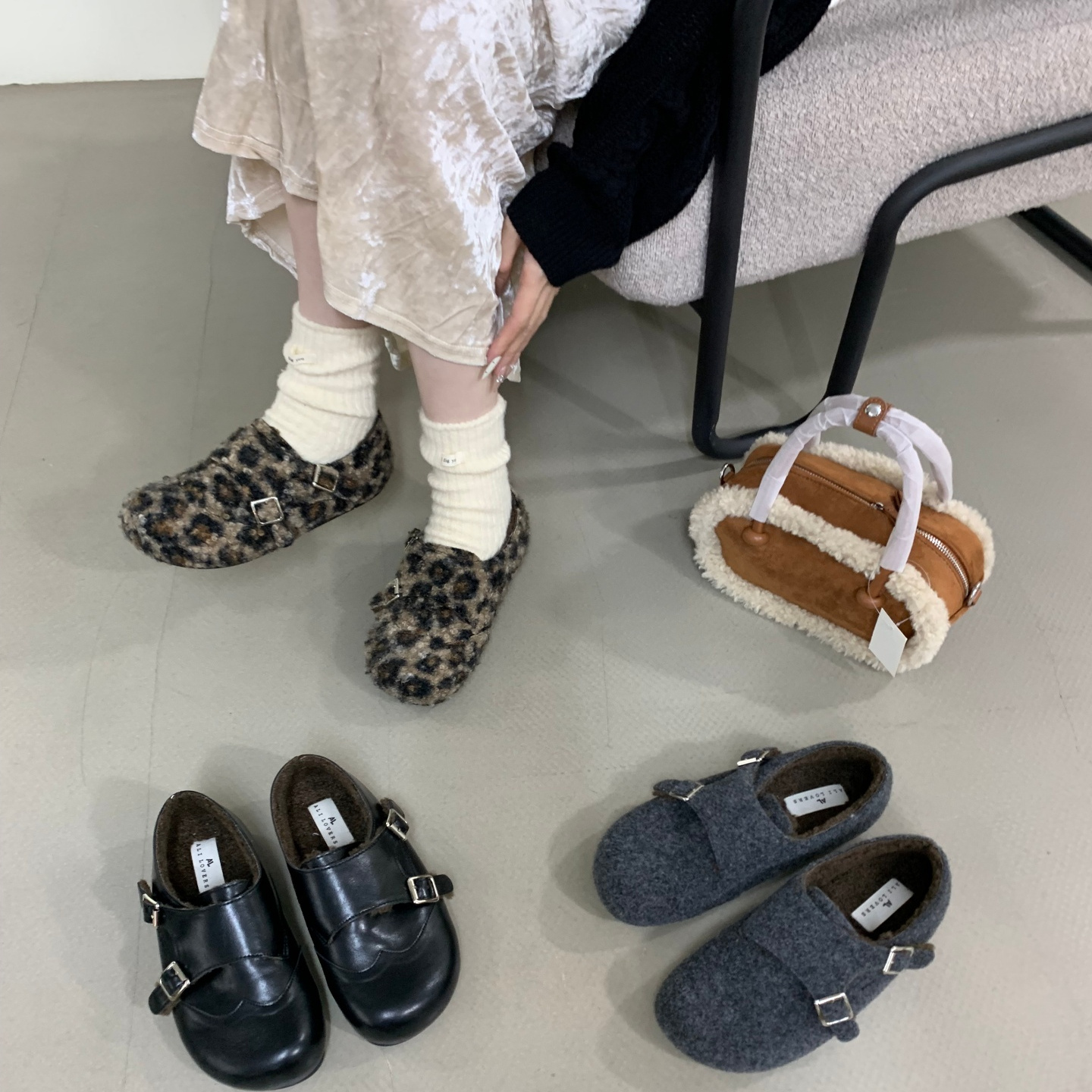 韩版毛绒勃肯鞋双排扣豹纹复古