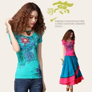 Mùa hè phong cách dân tộc phụ nữ in 3D thủ công đính cườm ngắn tay áo thun Trung Quốc phong cách tự trồng áo sơ mi đáy cỡ lớn - Áo phông