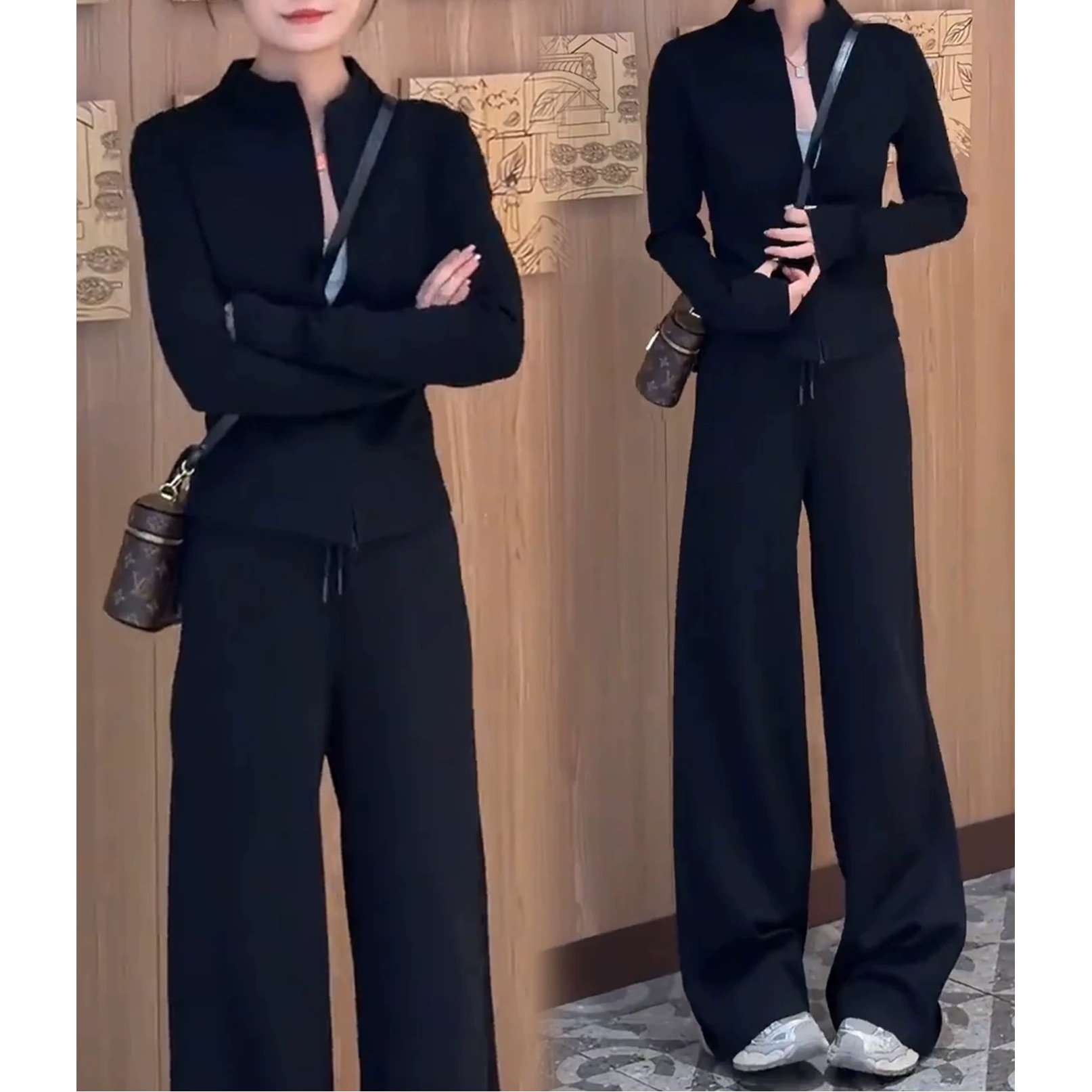 时尚休闲运动套装女2026春季新款洋气显瘦立领开衫阔腿裤两件套潮