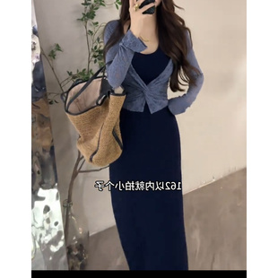 春夏新款撞色蕾丝拼接显瘦挂脖连衣裙修身时尚套装百搭长款休闲