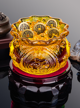 水晶聚宝盆摆件财神聚宝盆黄水晶琉璃办公室招财开业摆件家居镇宅