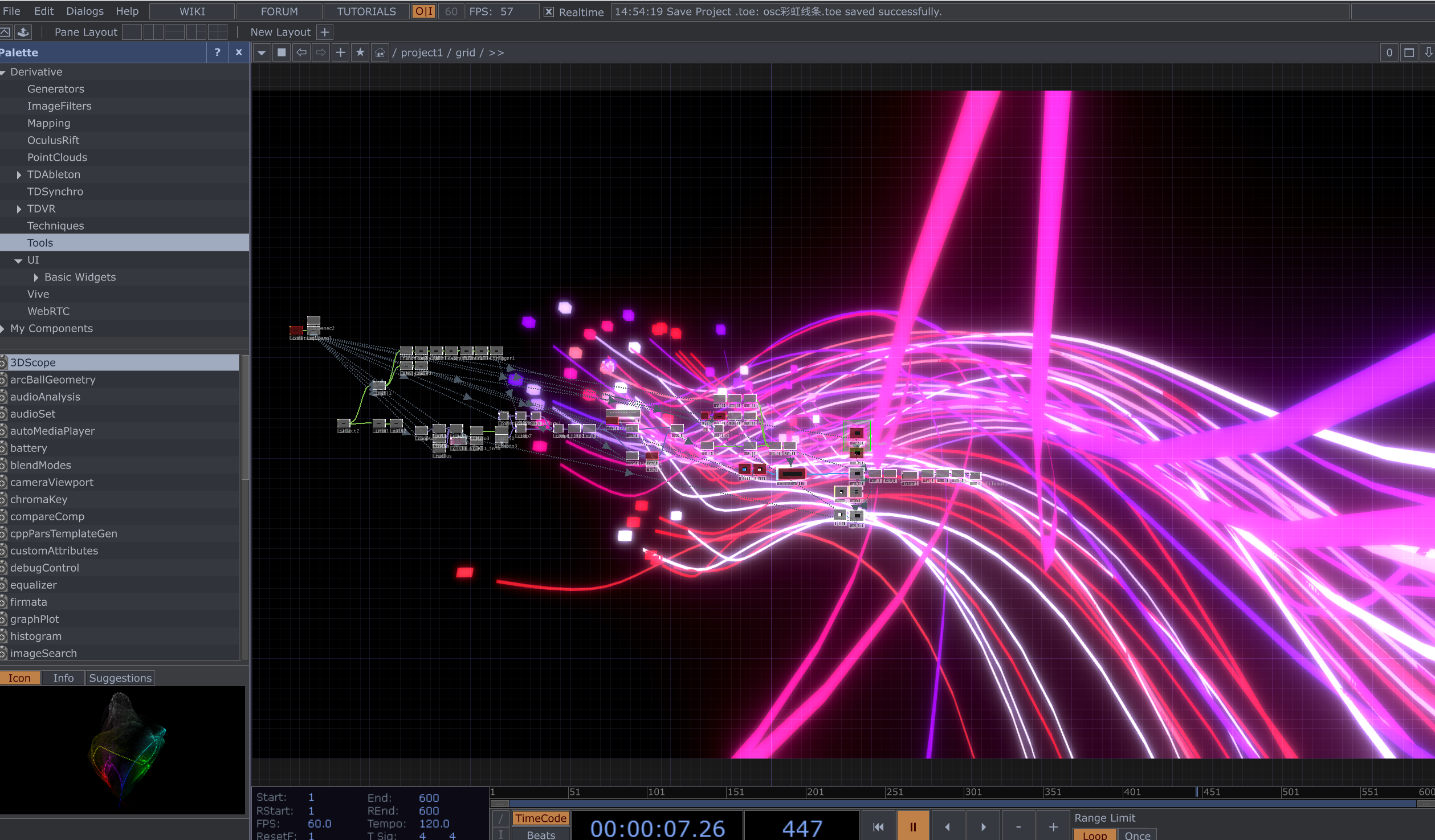 TouchDesigner源文件 彩虹线条 可用osc/鼠标/noise等控制 TD素材