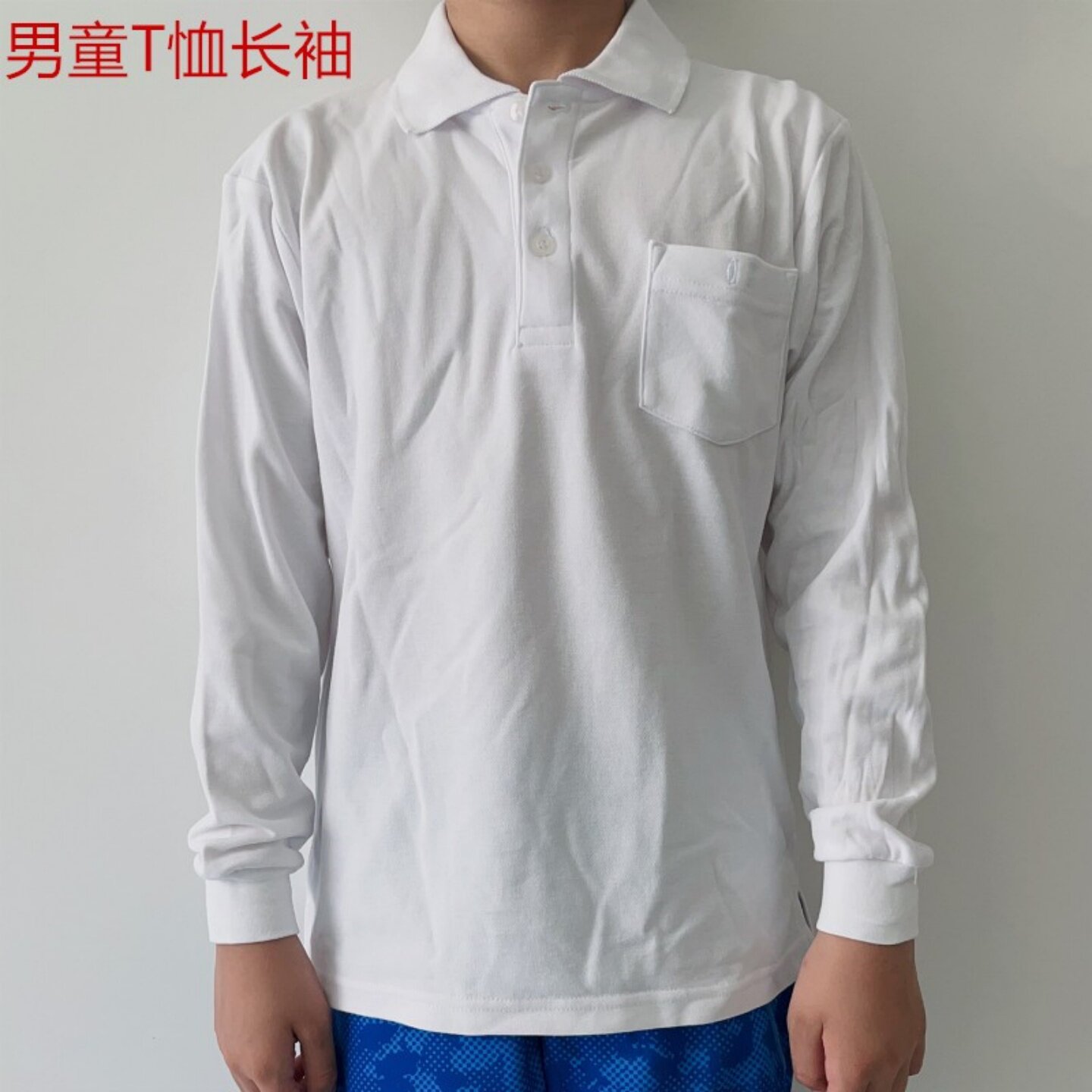 外贸男童春秋翻领T恤长袖白色套头中童上衣学生服10-14岁儿童打底