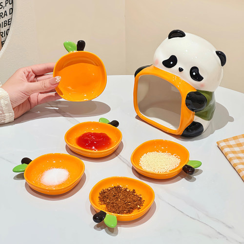 卡通熊猫橘子蘸料碟套装家用陶瓷酱油醋碟蘸料碟高颜值零食点心碟