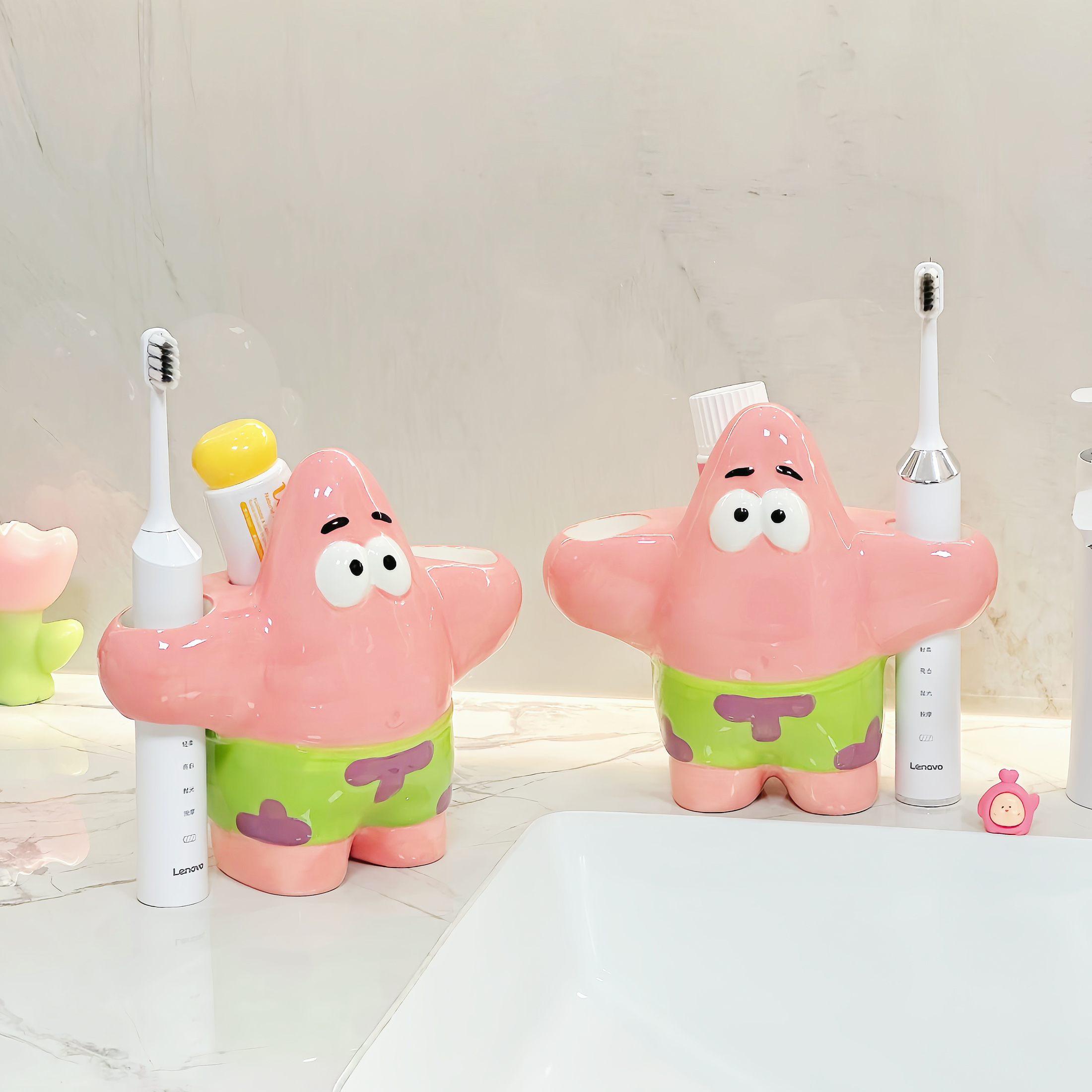 卡通派大星电动牙刷架高颜值牙刷牙膏置物架陶瓷家用牙具收纳摆件