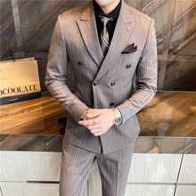 修身 条纹西装 西服外套新郎 三件套韩版 一套青年休闲商务正装 男套装