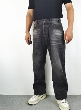美式cleanfit水洗黑灰牛仔裤男款修身休闲直筒微喇高街vibe长裤子