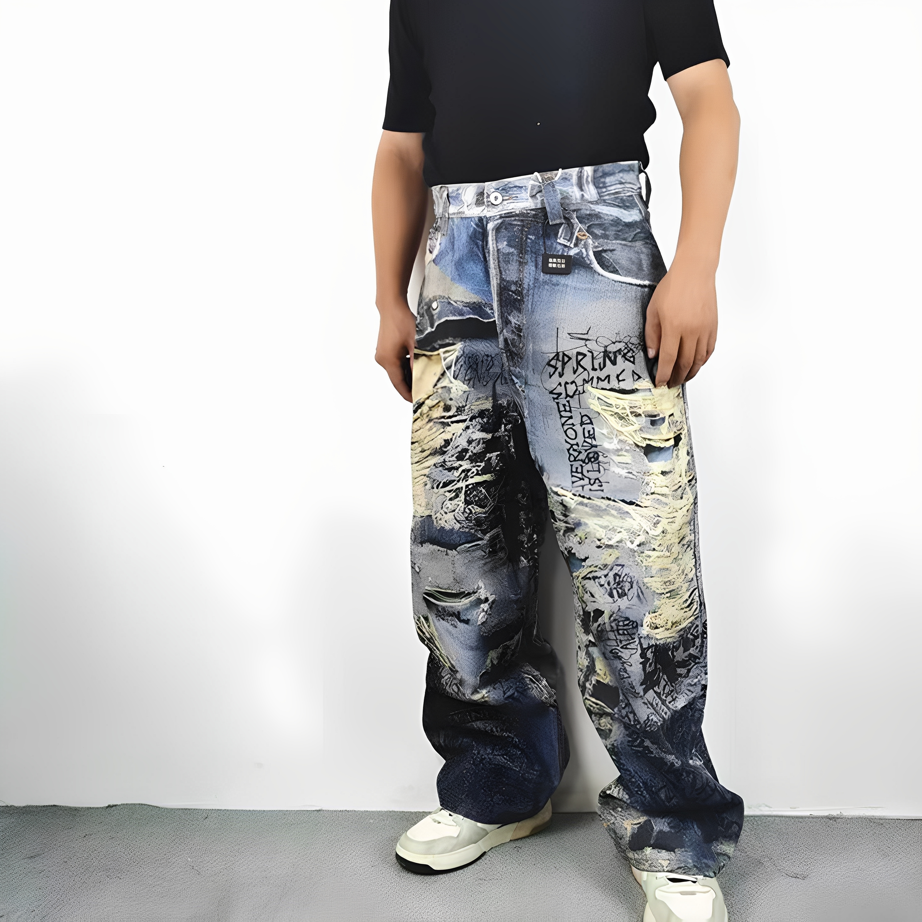 破洞撕裂错视觉3D打印工装牛仔裤