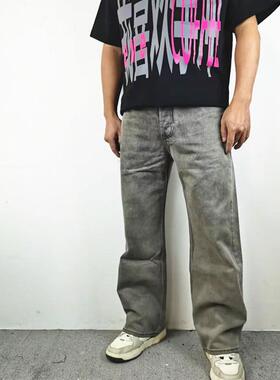 欧美街头复古做旧灰色直筒牛仔裤男女潮牌dirtyfit微喇休闲阔腿裤