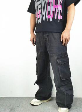 小众复古水洗重工多口袋机能牛仔裤宽松直筒阔腿微喇设计感长裤子