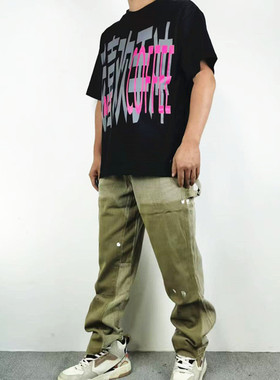 美式高街vibe拼接水洗泼墨毛边牛仔裤男女宽松休闲直筒伐木长裤子