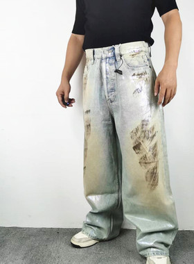 高街水洗做旧复古脏染炫彩涂层泼墨刷蜡宽松休闲男长牛仔裤秋冬潮
