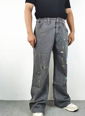 套染泼墨补丁巴黎风水洗做旧AC涂鸦伐木工装裤宽松休闲长牛仔裤潮