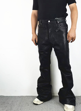 美式复古RO风拼接涂层刷蜡裤微喇叭牛仔裤男高街显瘦做旧水洗长裤