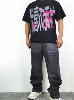 高街水洗复古黑灰LargeBaggy腊感亮面牛仔裤男宽松休闲微喇长裤潮