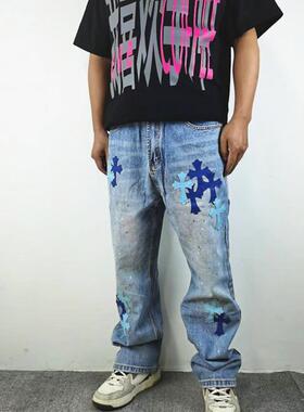 高街水洗复古贴皮十字架泼墨牛仔裤宽松休闲直筒梵文百搭VIBE长裤