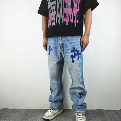 贴皮十字架宽松泼墨休闲长牛仔裤