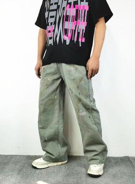 复古涂鸦水洗做旧泼墨伐木牛仔裤刺绣工装宽松直筒休闲阔腿长裤子