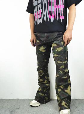重工高街复古迷彩涂层褶皱拼接微喇机车休闲修身显高痞帅工装长裤
