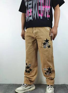 复古水洗做旧五角星星刺绣十字架牛仔伐木宽松休闲工装直筒长裤子