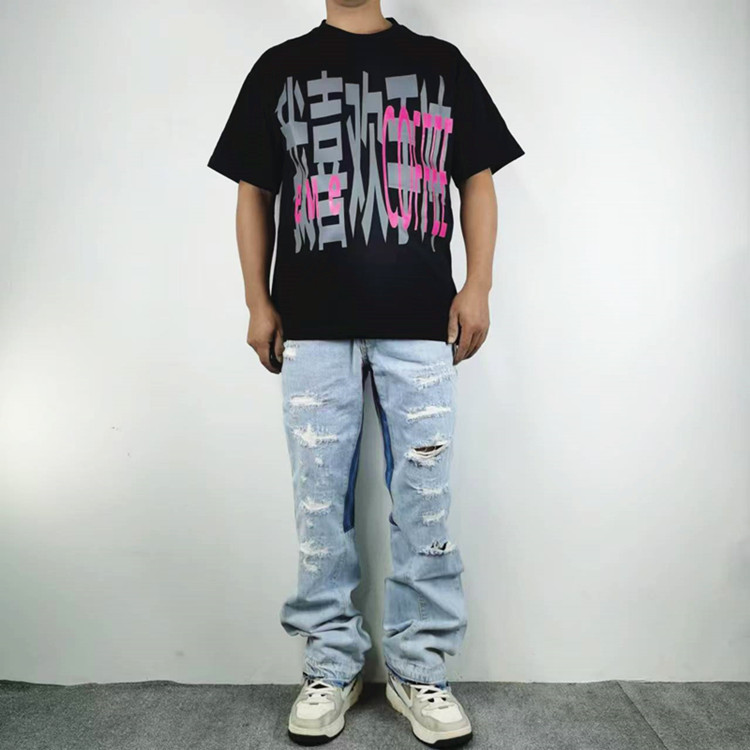 破洞水洗微喇叭拼接高街长牛仔裤