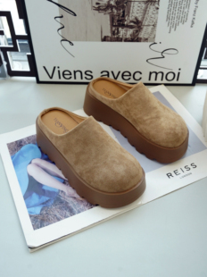 真皮大头勃肯鞋女2025秋款厚底增高一脚蹬包头半拖鞋外穿穆勒鞋子