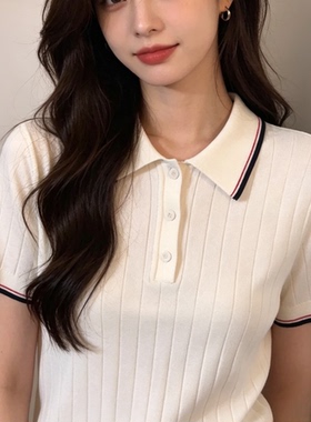6005夏季新款POLO领条纹短袖针织衫女显瘦百搭气质上衣
