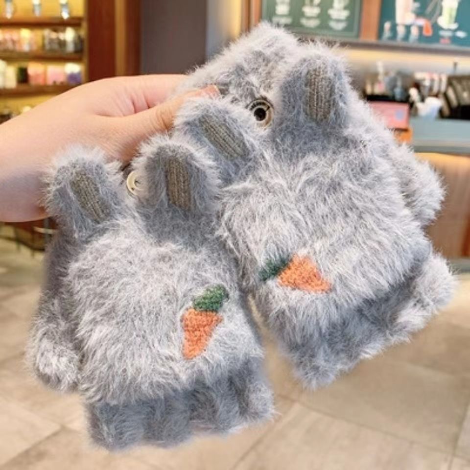 手套加绒学生加厚保暖露指半截可爱韩版卡通户外半指翻盖毛线针织