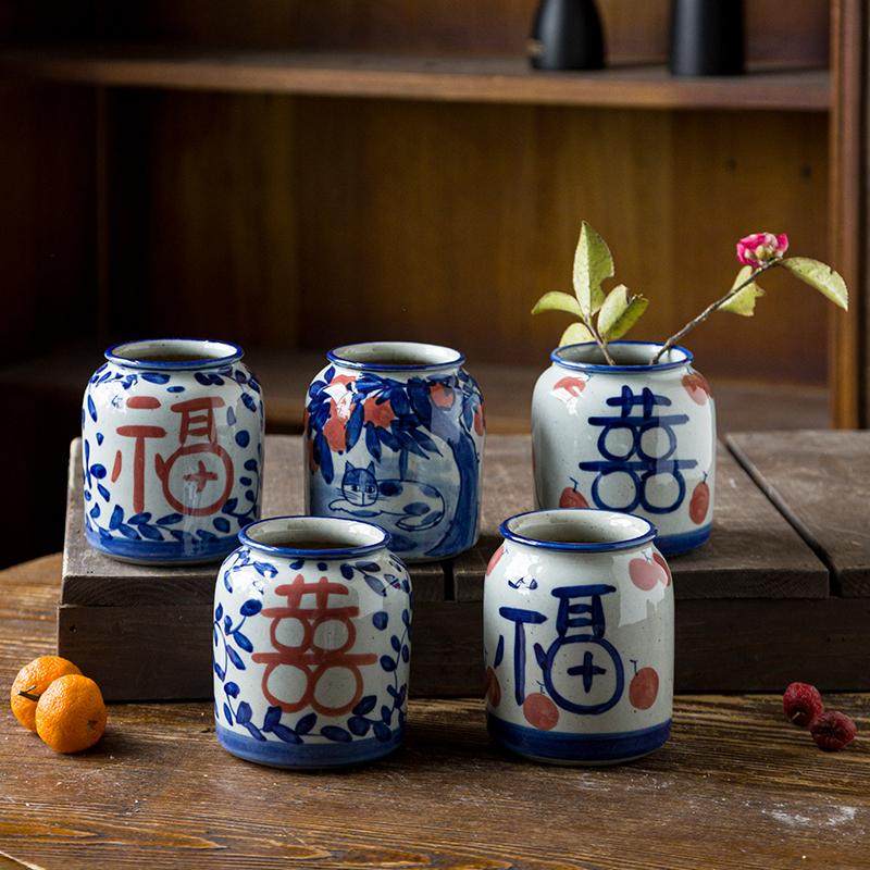 景德镇手绘陶瓷花瓶青花福喜字罐家居收纳复古桌面手工摆件水培,家居饰品,花瓶,淘宝优惠券,粉丝福利购,淘宝优惠卷