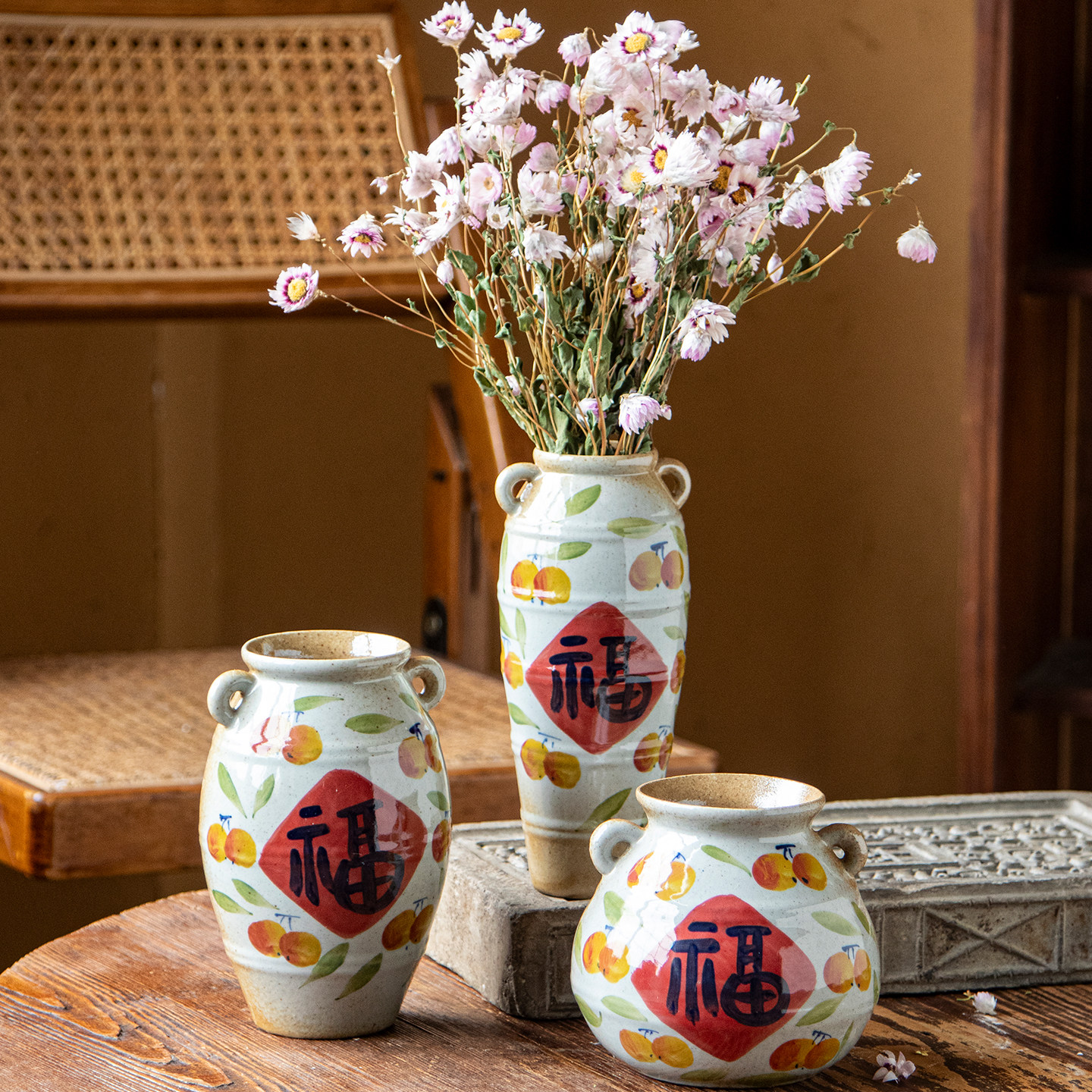 景德镇手工陶瓷花瓶手绘双耳福字喜字复古花器装饰品摆件水培鲜花,家居饰品,花瓶,淘宝优惠券,粉丝福利购,淘宝优惠卷