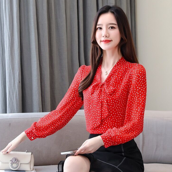 法式V领薄款长袖波点雪纺衫上衣