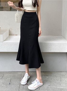 黑色高级感长裙西装鱼尾半身裙2025春夏新款高腰显瘦中长款包臀裙