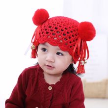 婴儿汉服帽子秋冬新款女宝宝新年帽子大红色毛线帽可爱毛球中国风