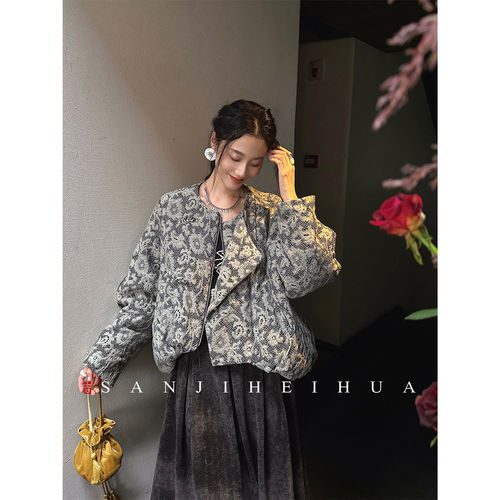 【夏天粉丝专享】三吉黑花【松上玥】蕾丝色织提花斜襟羽绒服女款