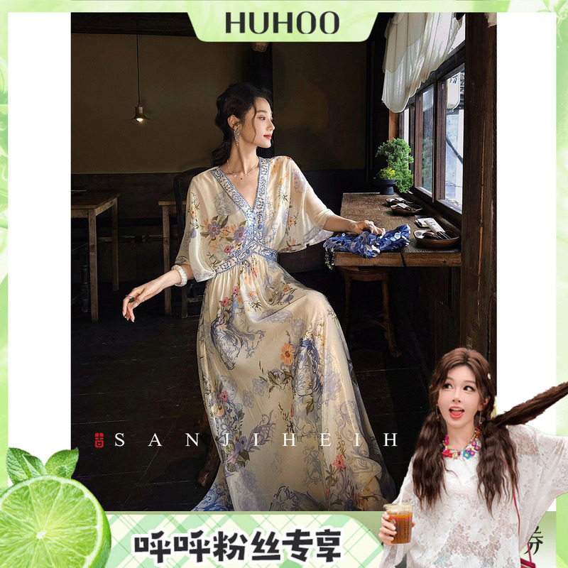 【呼呼专享】三吉黑花【花自落】新中式定位烫钻连衣裙子女