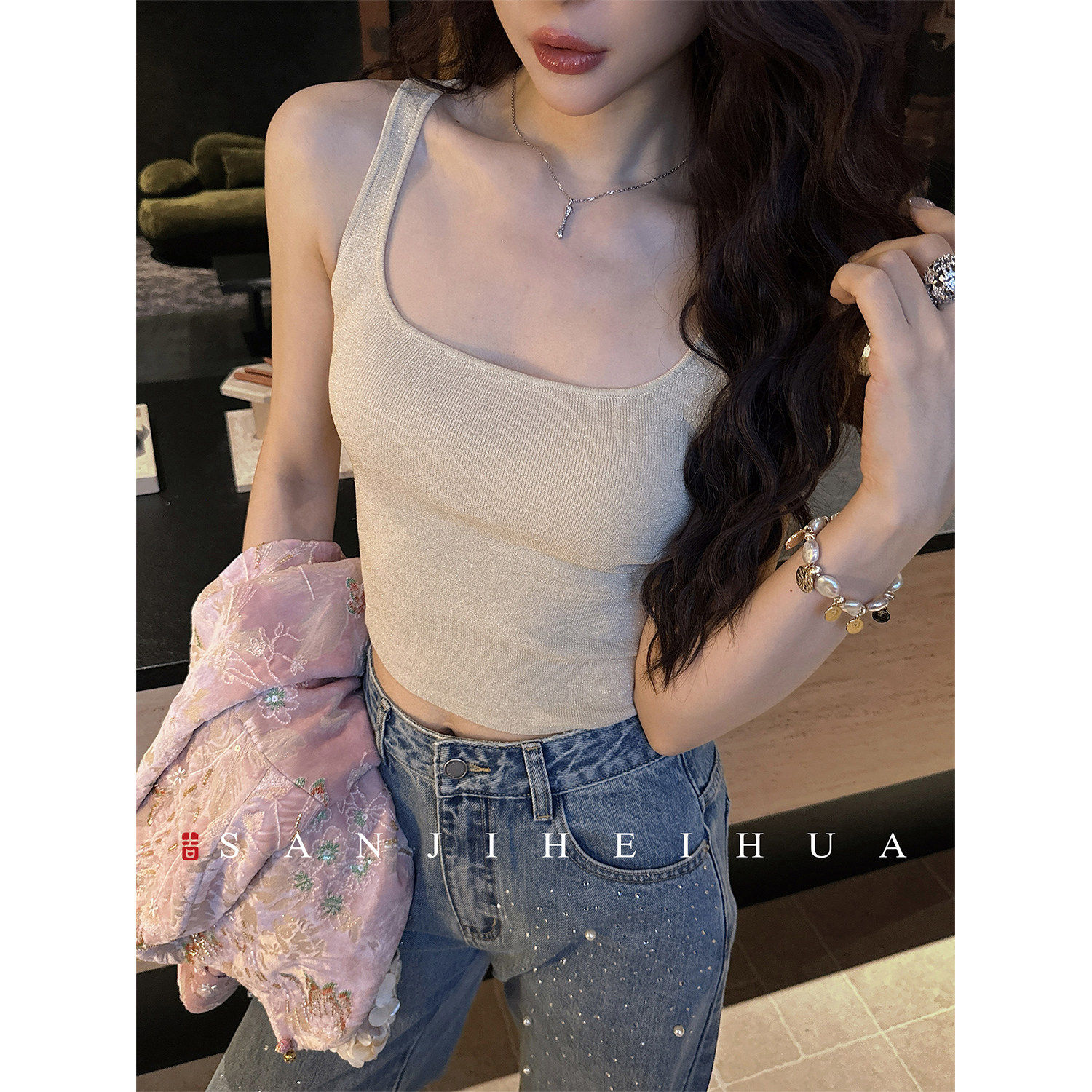 【夏天粉丝专享】三吉黑花【禾悦】新中式蚕丝针织吊带背心女内搭