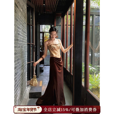 【夏天粉丝专享】三吉黑花【叙兰时】扎染吊带连衣裙拼接丝绒长裙