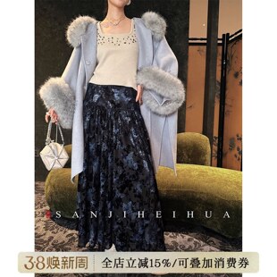 丝绒冬季 百羽 三吉黑花 半身裙女A字大摆长裙 芊芊粉丝专享