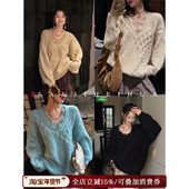 蕾丝花边绞花U领毛衣女冬季 甜荞 三吉黑花 可外穿 呼呼专享